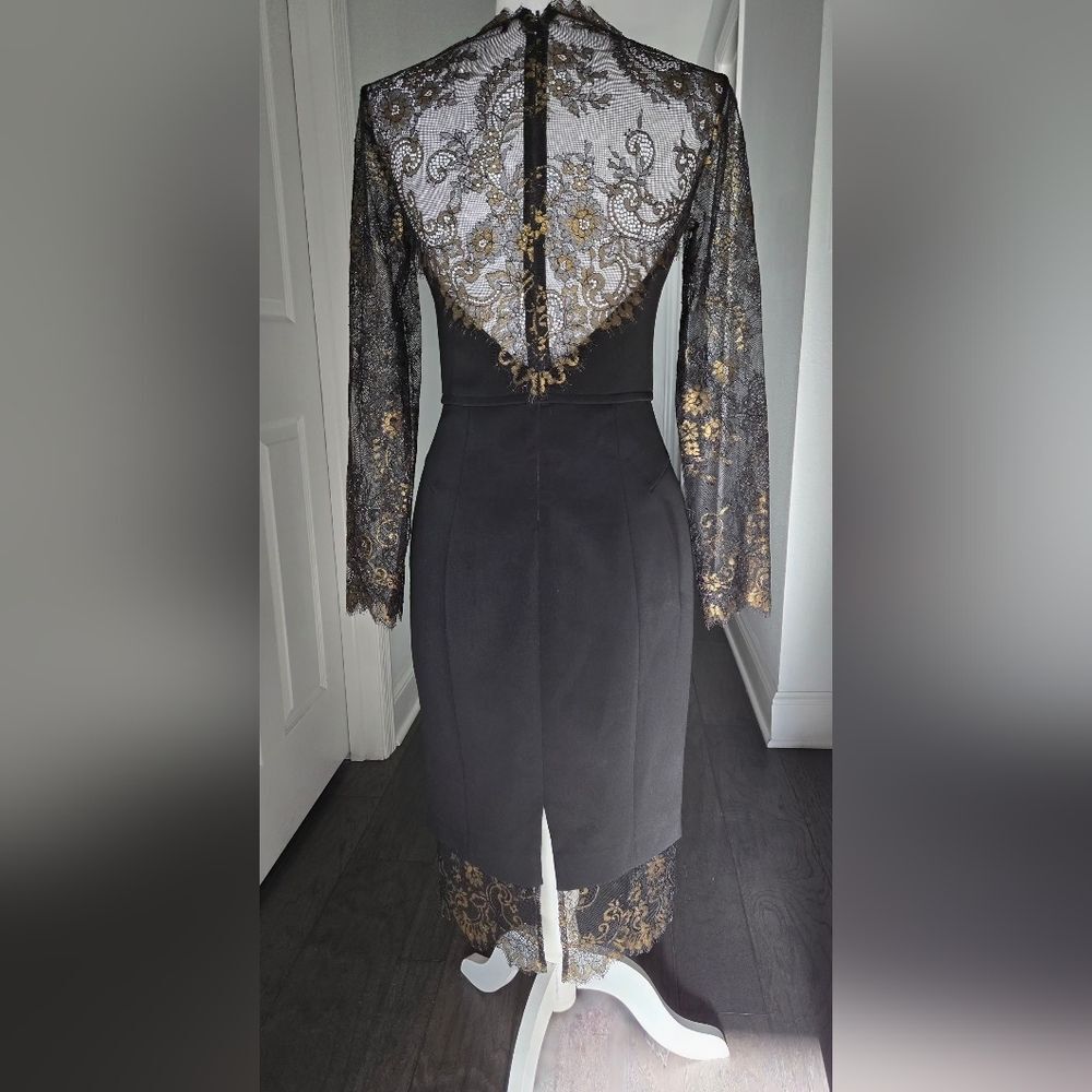 Karen Millen Black & Gold Lace Panel Pencil Dress - Size 4 - Picture 4 of 12
